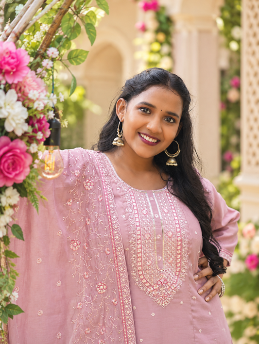 Dusty Pink Embroidered Anarkali Set with Matching Dupatta