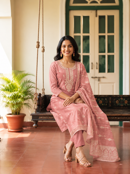 Dusty Rose Pink Embroidered Straight Kurta Set with Jaccard Dupatta