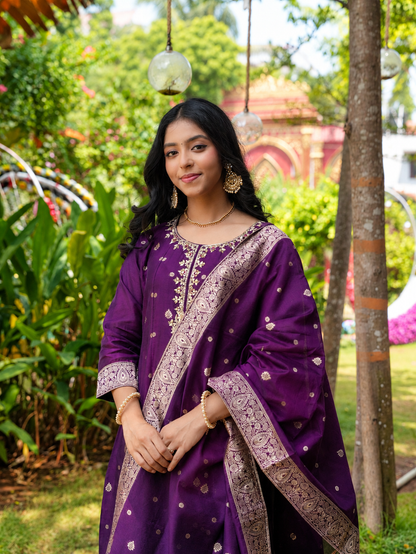 Purple Floral Brocade Anarkali Suit with Matching Dupatta