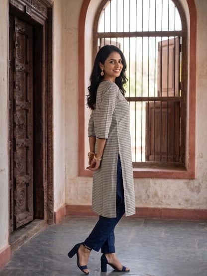 Beige Ditsy Printed Kurta with Contrast Navy Detailing