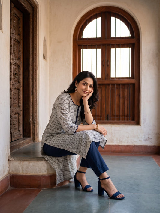 Beige Ditsy Printed Kurta with Contrast Navy Detailing