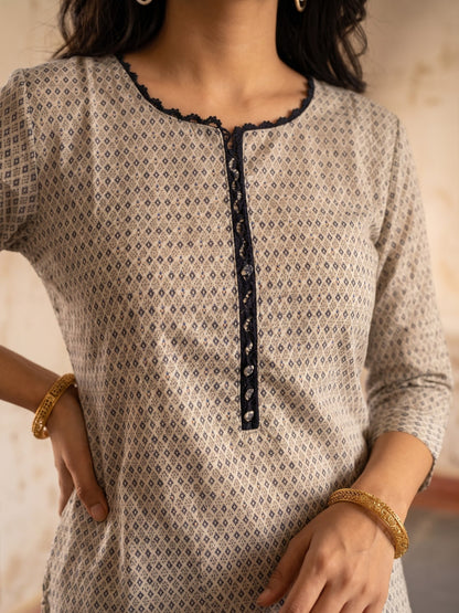 Beige Ditsy Printed Kurta with Contrast Navy Detailing