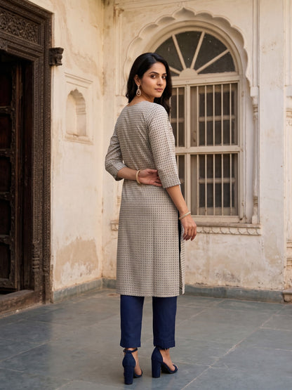 Beige Ditsy Printed Kurta with Contrast Navy Detailing
