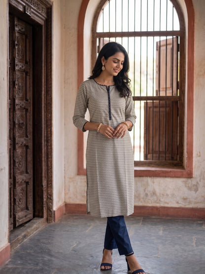 Beige Ditsy Printed Kurta with Contrast Navy Detailing