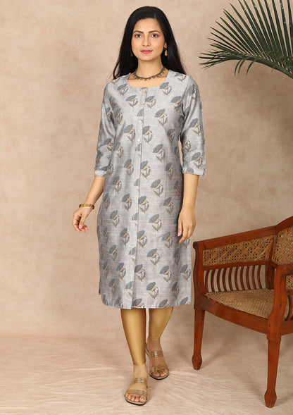 Grey Floral Printed Straight Cut Kurti