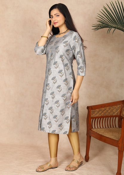 Grey Floral Printed Straight Cut Kurti