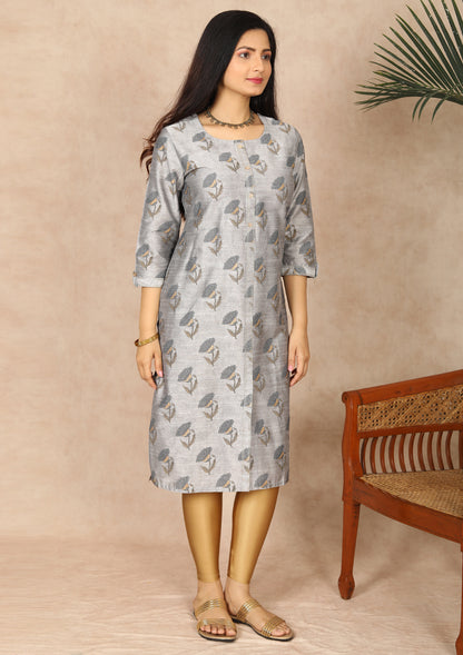 Grey Floral Printed Straight Cut Kurti