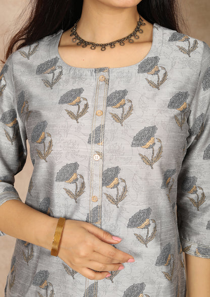 Grey Floral Printed Straight Cut Kurti