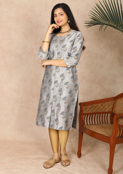 Grey Floral Printed Straight Cut Kurti