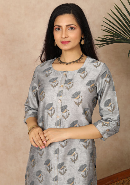 Grey Floral Printed Straight Cut Kurti