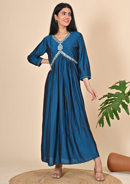 Solid Peacock Blue Alia Cut Dress with Yoke Zari Work Indian Princess Solid Peacock Blue Alia Cut Dress with Yoke Zari Work Indian Princess