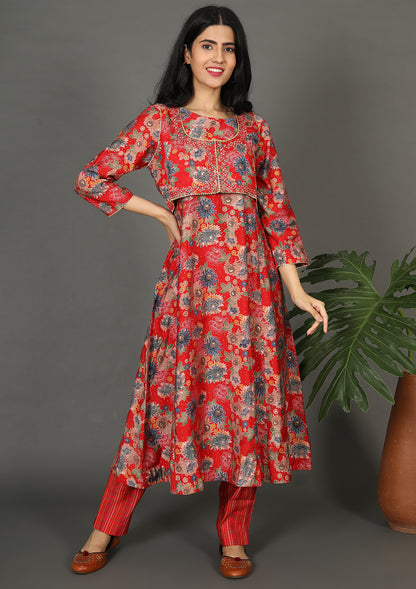 Red Floral Printed Waist Coat Suits