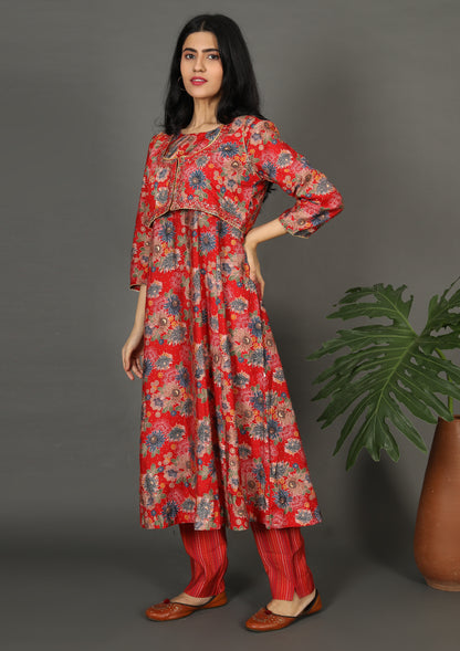 Red Floral Printed Waist Coat Suits