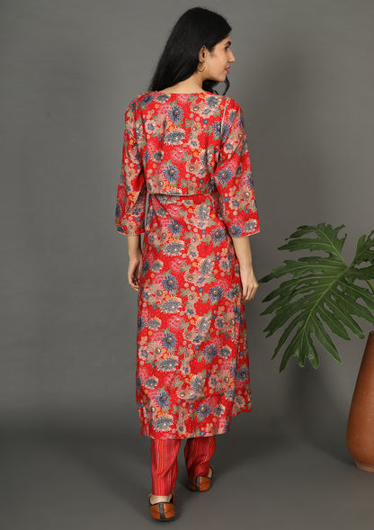 Red Floral Printed Waist Coat Suits