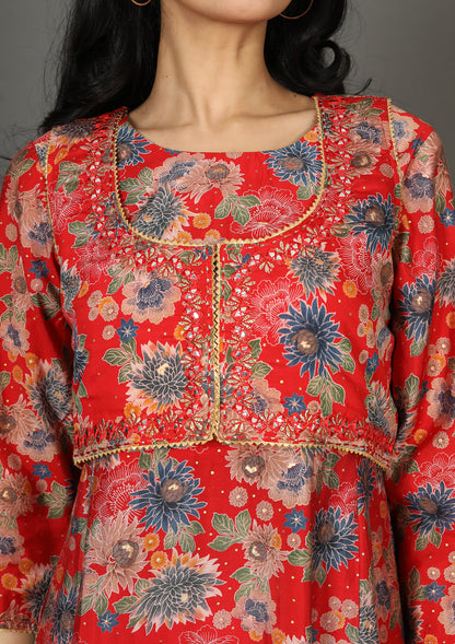 Red Floral Printed Waist Coat Suits