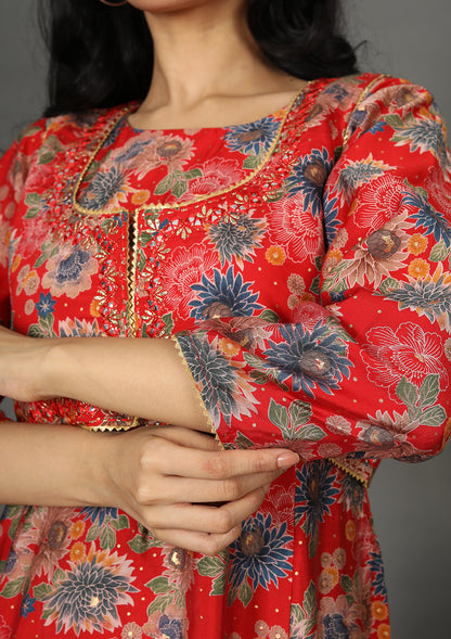 Red Floral Printed Waist Coat Suits