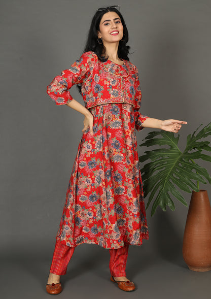 Red Floral Printed Waist Coat Suits