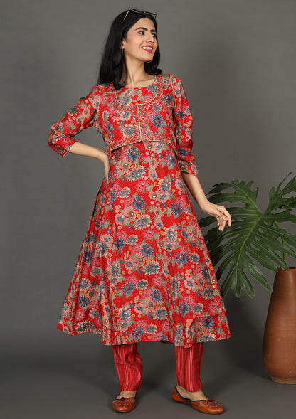 Red Floral Printed Waist Coat Suits