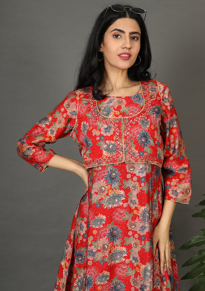 Red Floral Printed Waist Coat Suits