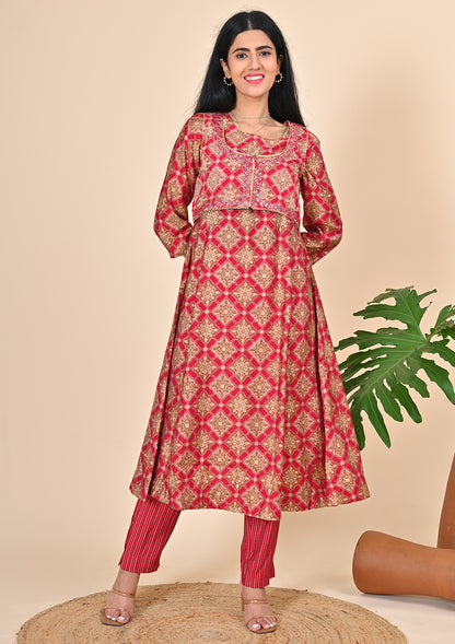 Pink Floral Printed Waist Coat Suits