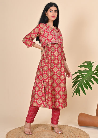 Pink Floral Printed Waist Coat Suits