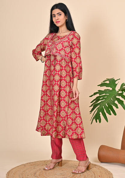 Pink Floral Printed Waist Coat Suits