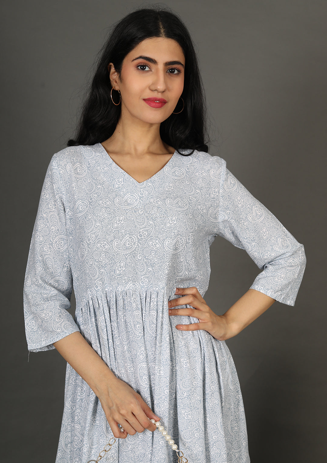 Womens Grey Color Pasely Printed Dress – Indian Princess