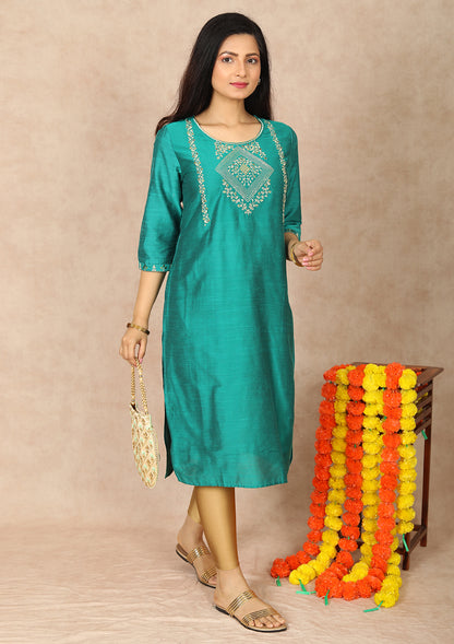Womens Green Color Yoke Embroidery Kurti