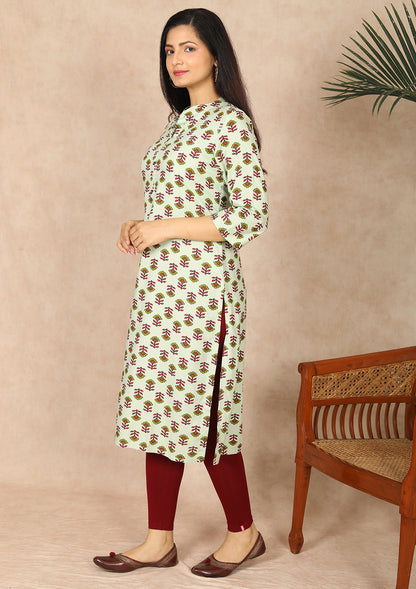 Womens Green Color Block Print Kurti