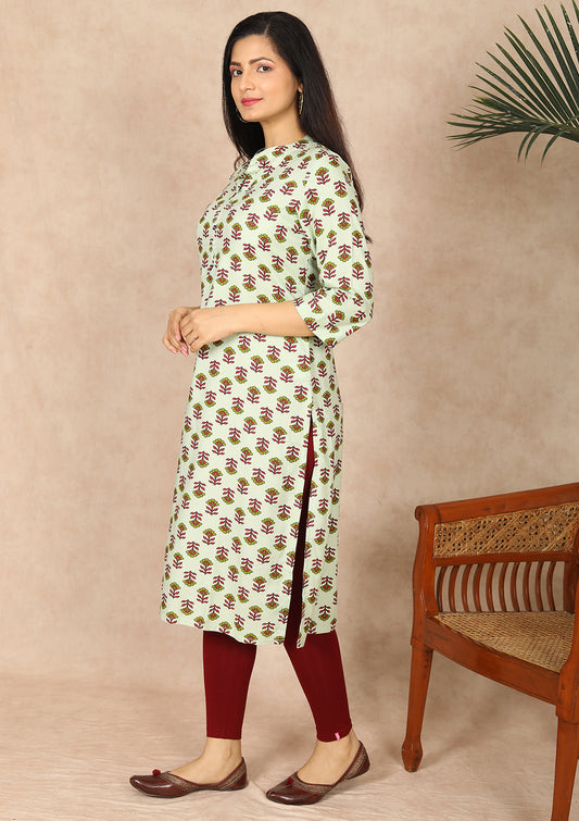 Womens Green Color Block Print Kurti