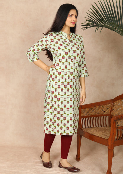Womens Green Color Block Print Kurti