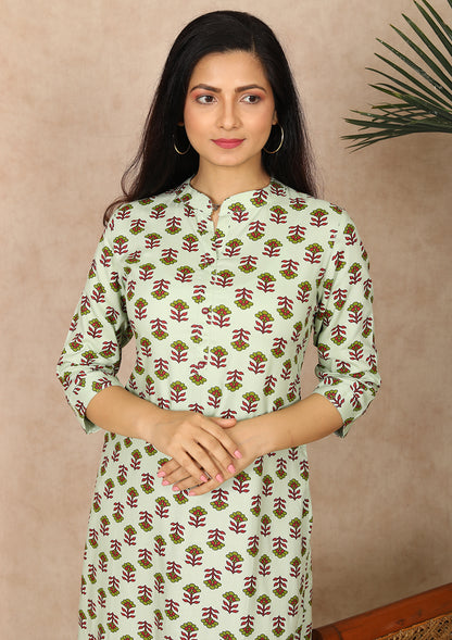 Womens Green Color Block Print Kurti