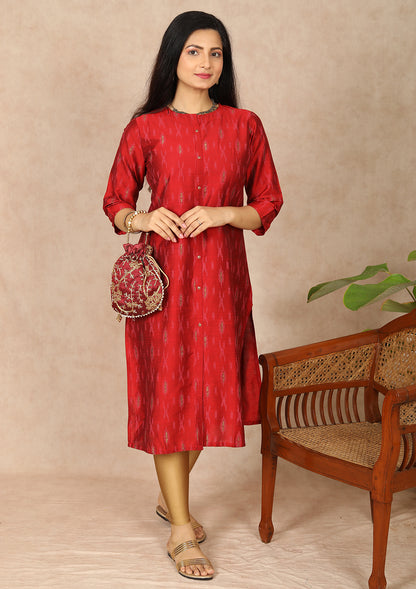 Red Ikat Foil Printed Straight Cut Kurti