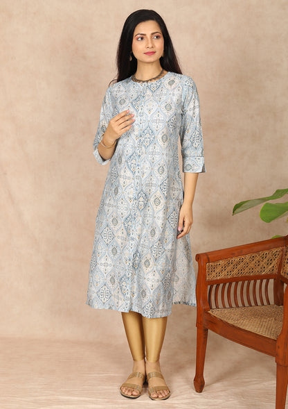 Grey Close Neck Printed Straight Cut Kurti