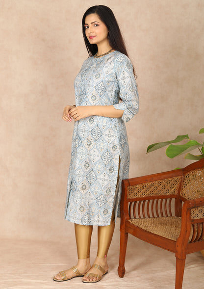 Grey Close Neck Printed Straight Cut Kurti