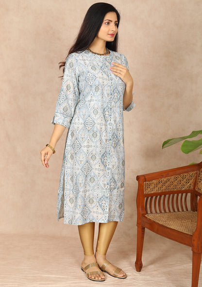 Grey Close Neck Printed Straight Cut Kurti