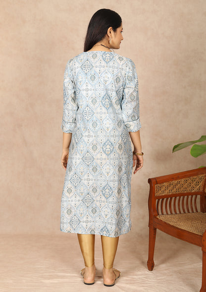 Grey Close Neck Printed Straight Cut Kurti