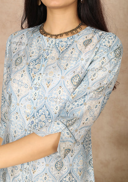 Grey Close Neck Printed Straight Cut Kurti