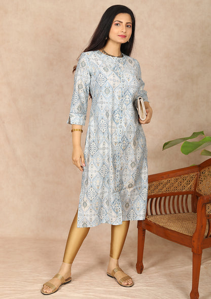 Grey Close Neck Printed Straight Cut Kurti