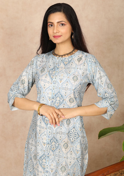 Grey Close Neck Printed Straight Cut Kurti