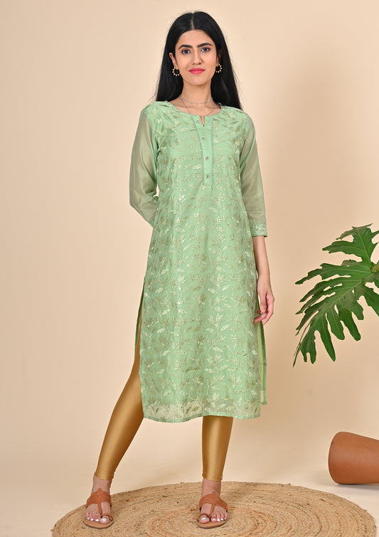 Pastel Green Sequence Embroidery Kurti