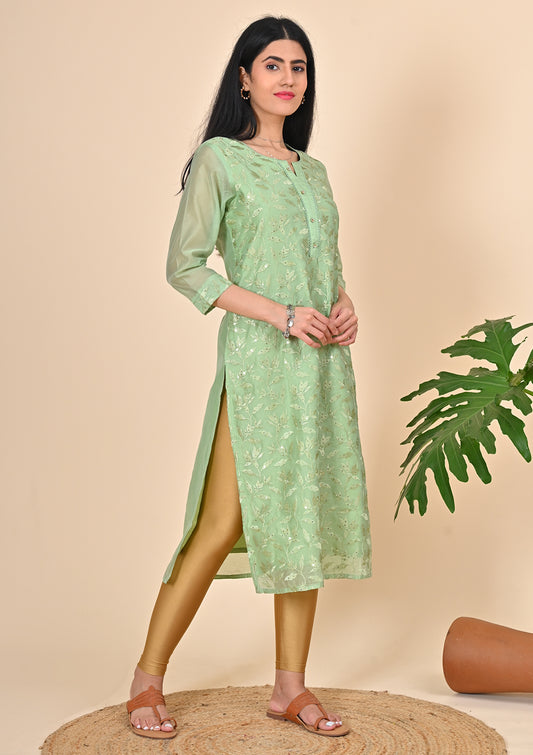Pastel Green Sequence Embroidery Kurti