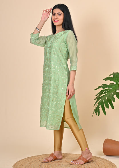 Pastel Green Sequence Embroidery Kurti