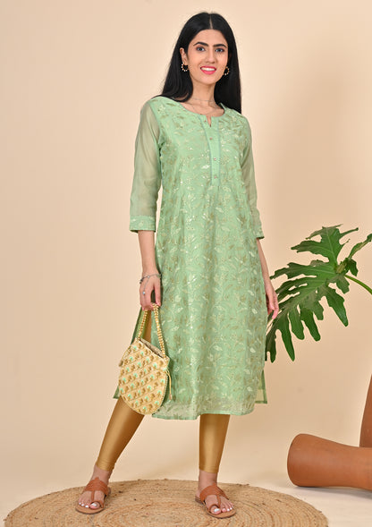 Pastel Green Sequence Embroidery Kurti