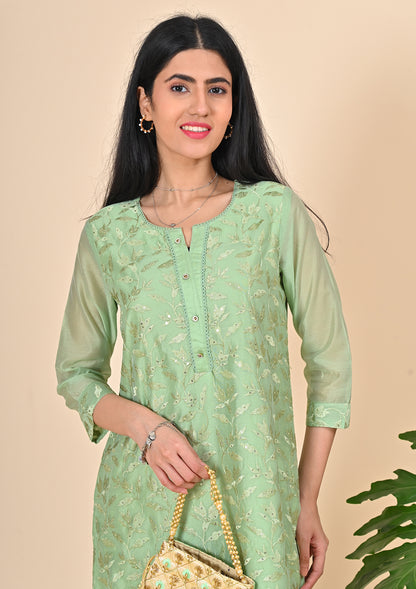 Pastel Green Sequence Embroidery Kurti