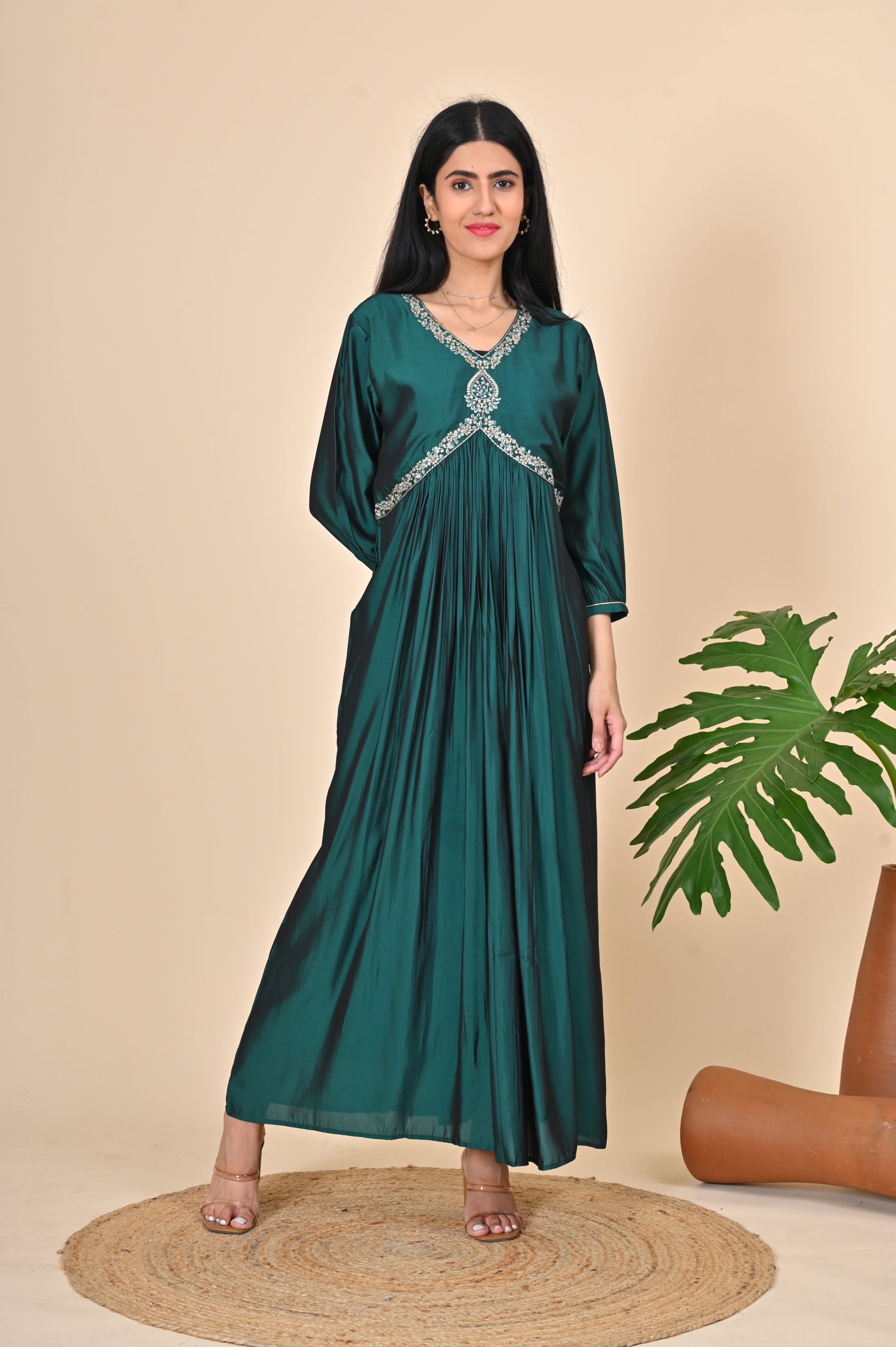 Solid Emerald Green Alia Cut Dress with Yoke Zari Work Indian Princess Solid Emerald Green Alia Cut Dress with Yoke Zari Work Indian Princess