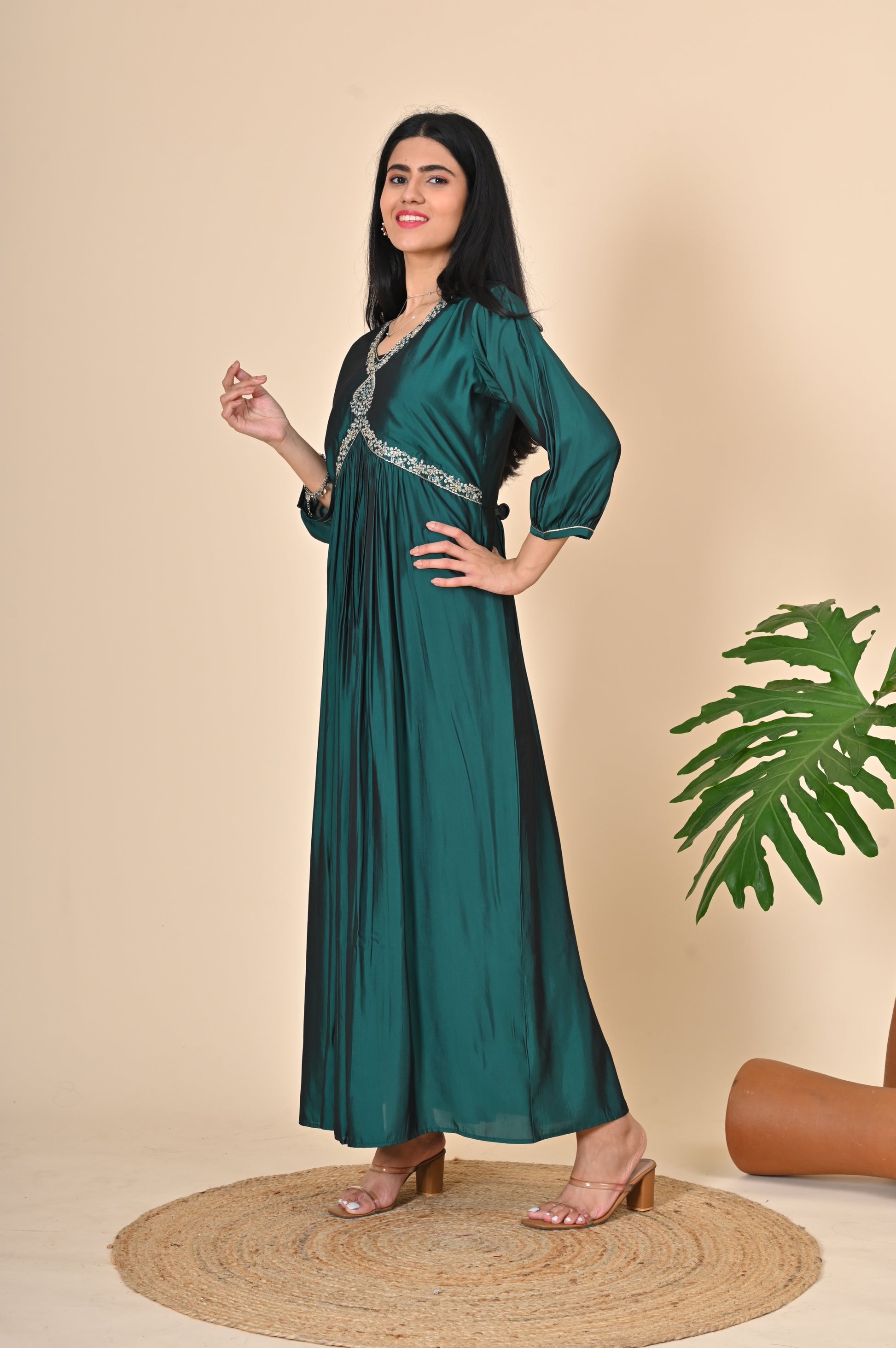 Solid Emerald Green Alia Cut Dress with Yoke Zari Work Indian Princess Solid Emerald Green Alia Cut Dress with Yoke Zari Work Indian Princess