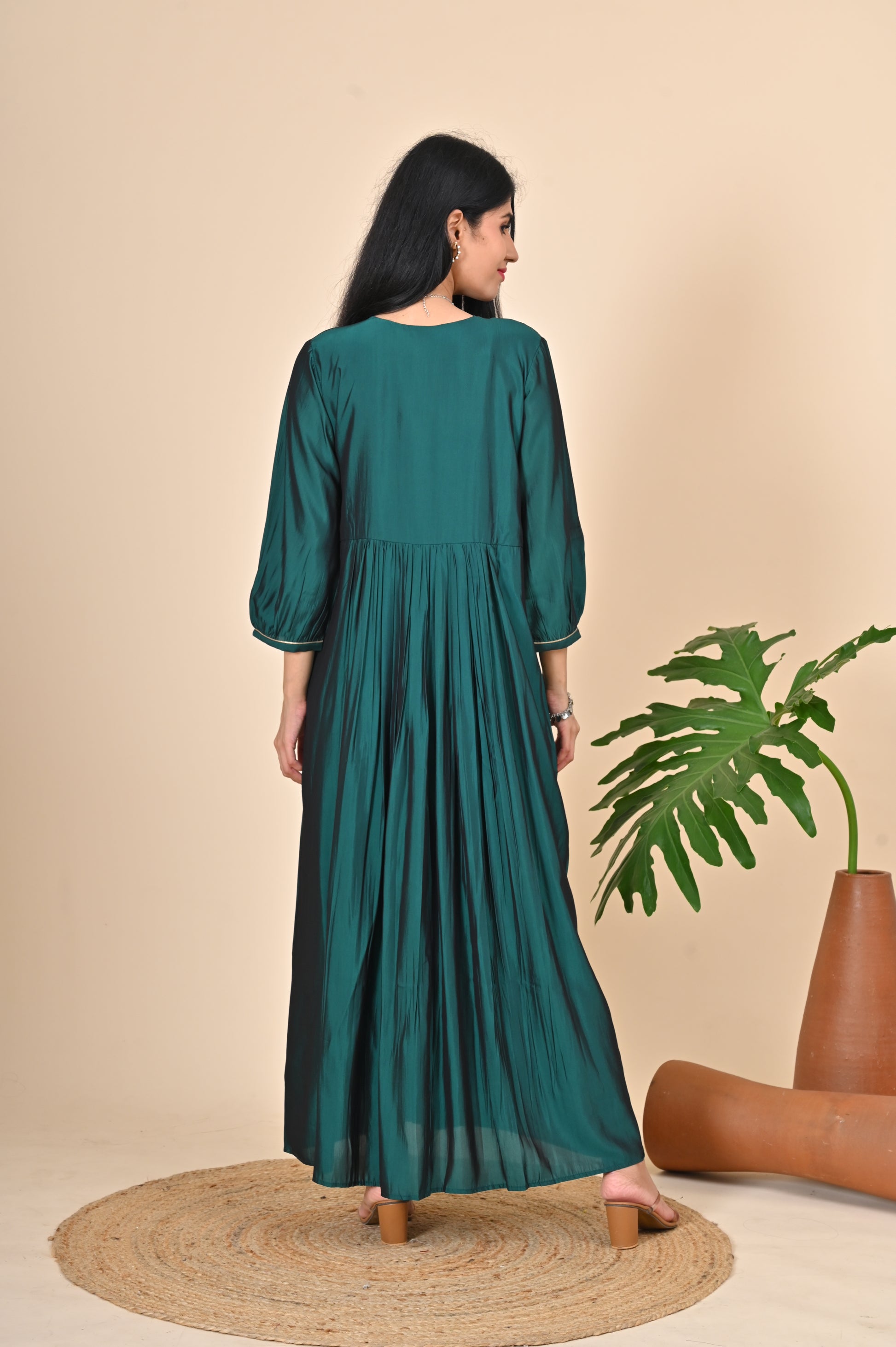 Solid Emerald Green Alia Cut Dress with Yoke Zari Work Indian Princess Solid Emerald Green Alia Cut Dress with Yoke Zari Work Indian Princess