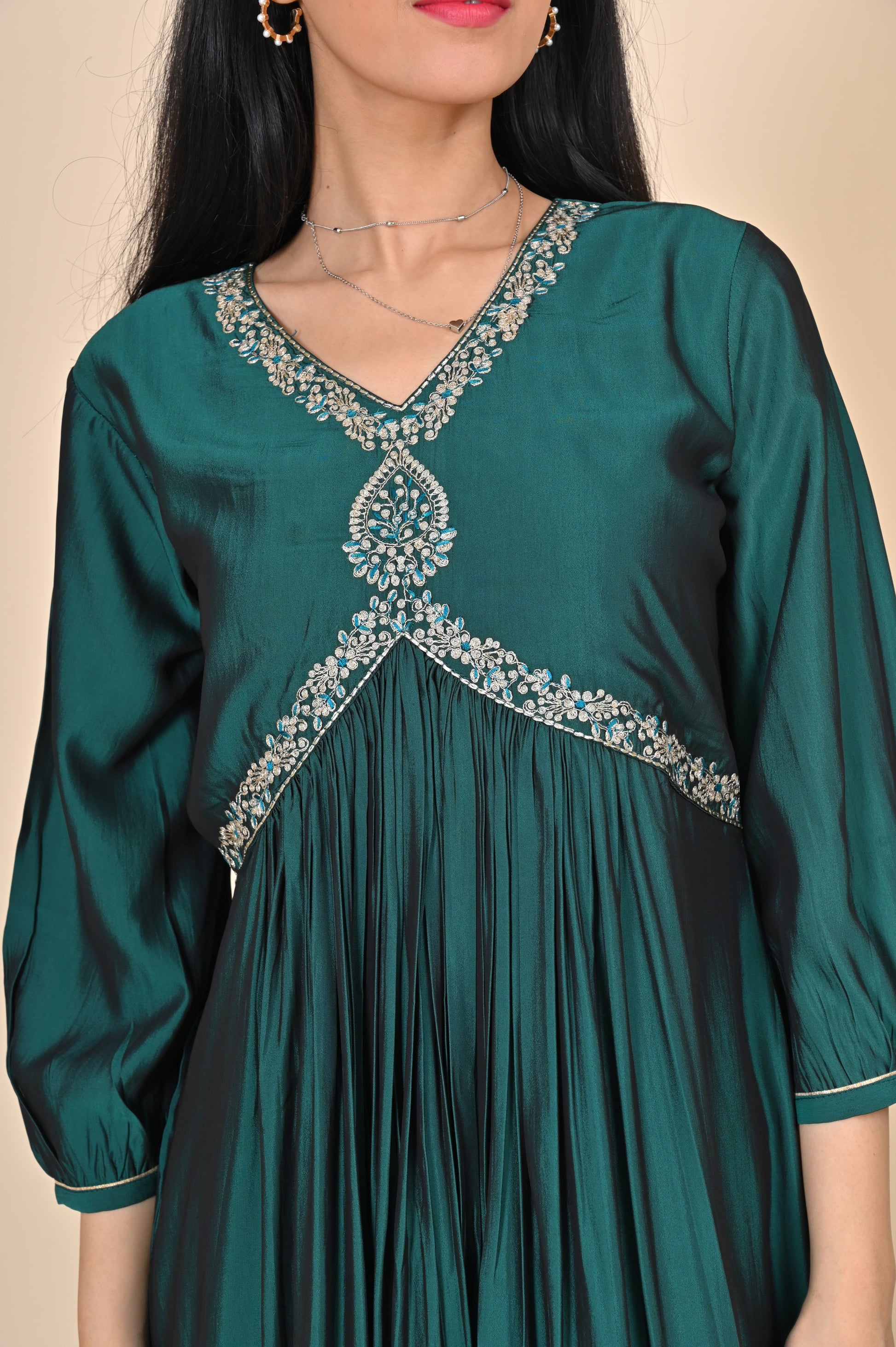 Solid Emerald Green Alia Cut Dress with Yoke Zari Work Indian Princess Solid Emerald Green Alia Cut Dress with Yoke Zari Work Indian Princess