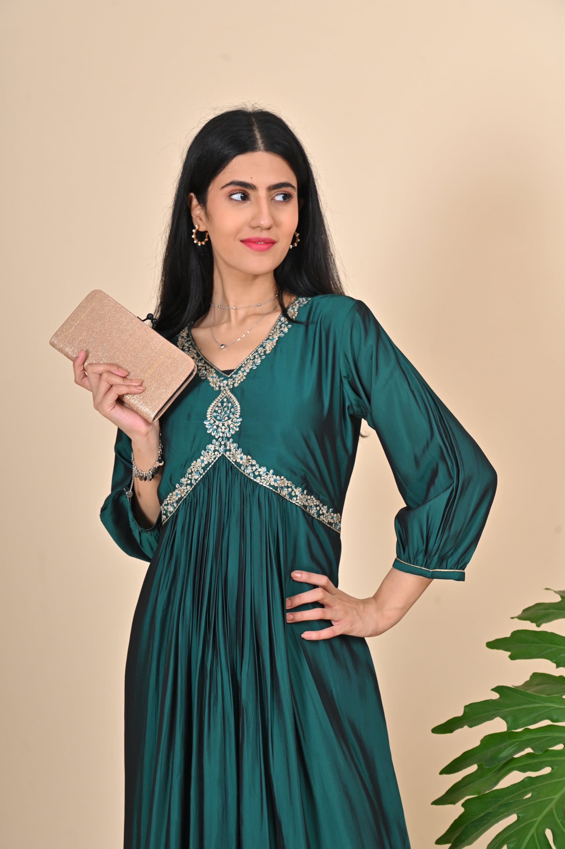 Solid Emerald Green Alia Cut Dress with Yoke Zari Work Indian Princess Solid Emerald Green Alia Cut Dress with Yoke Zari Work Indian Princess
